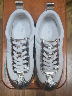 Anne Klein White Sneakers with Gold Metallic Trim